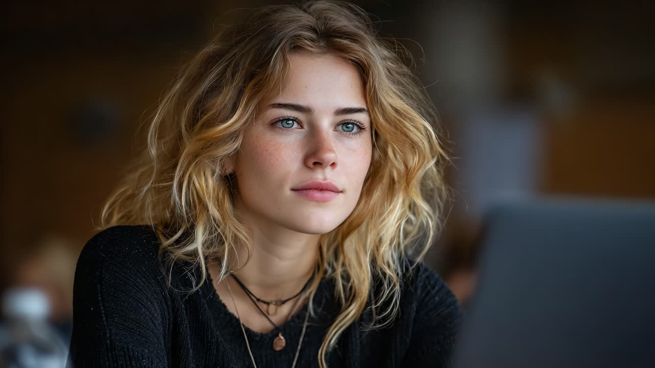 Una giovane donna pensierosa con occhi intriganti contempla la vita mentre si concentra sullo schermo del suo portatile in un ambiente interno accogliente