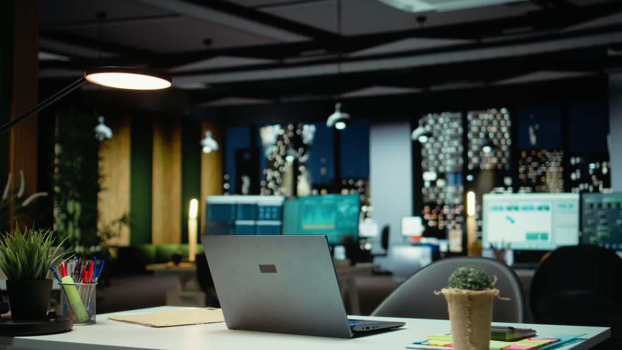 Vertical Video Empty business office at night showcasing data reports and analytics