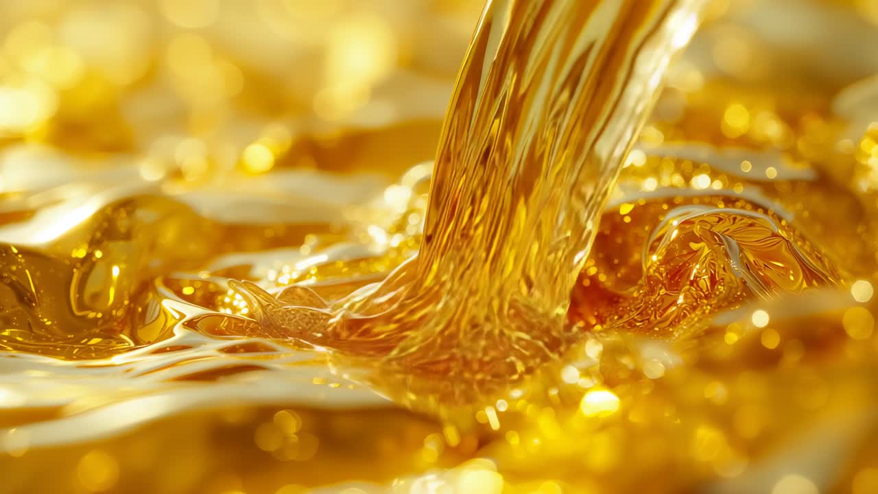 Starting golden viscous stream pouring into studio basin, creating ripples with glowing reflections