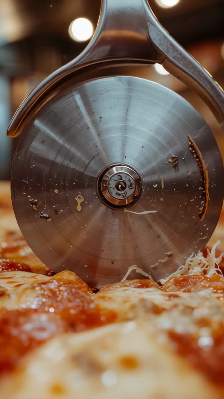 Video verticale: rotella taglia pizza che taglia una pizza con formaggio fuso su un tavolo mentre una mano spinge per servire