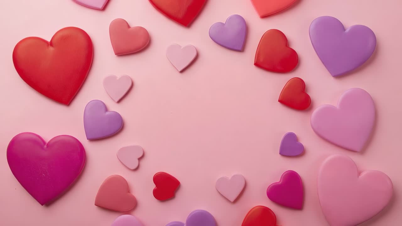 Fotogrammi che avanzano, cuori che si spostano verso l’interno su una superficie rosa pallido, formando un denso gruppo di ghirlande