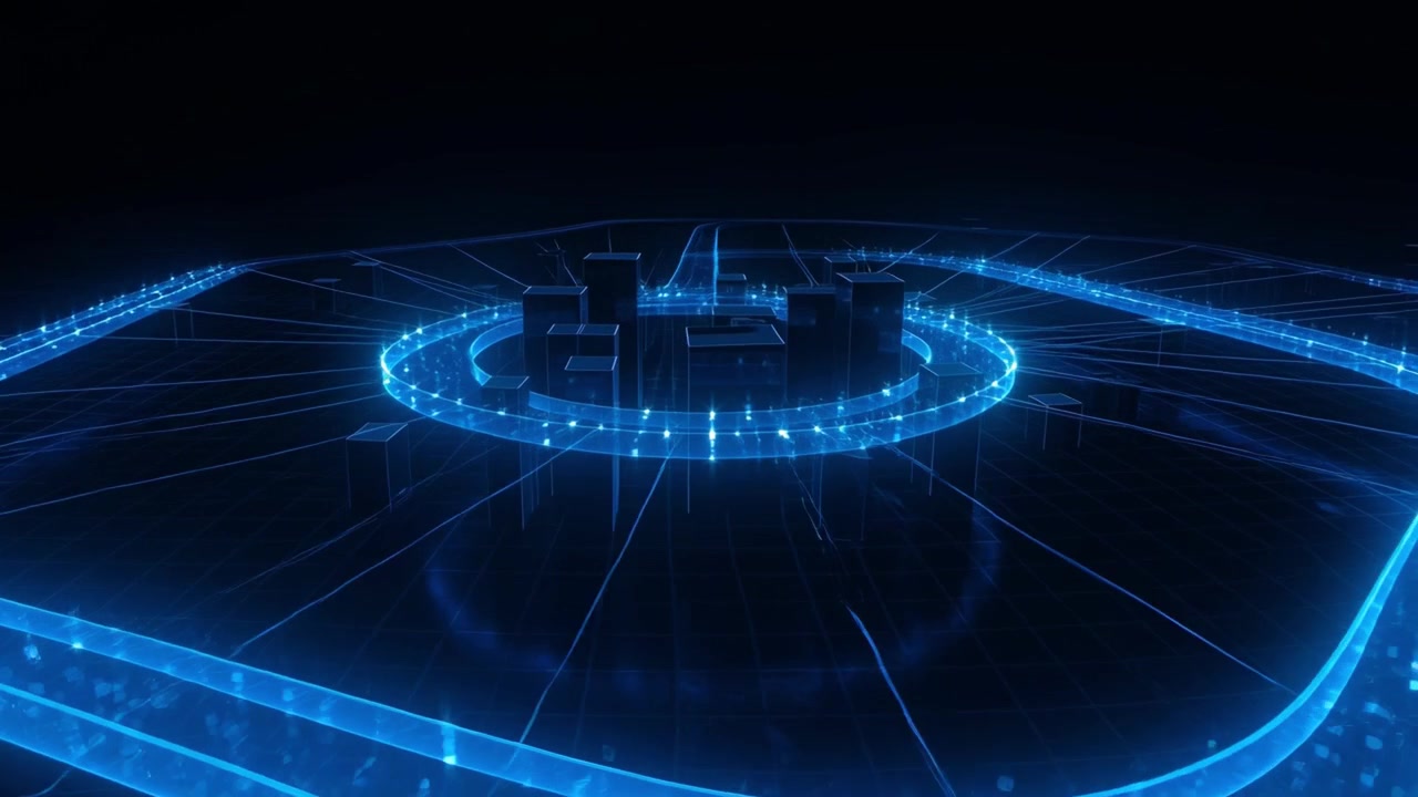 Digital Holographic Cityscape with Glowing Data Rings