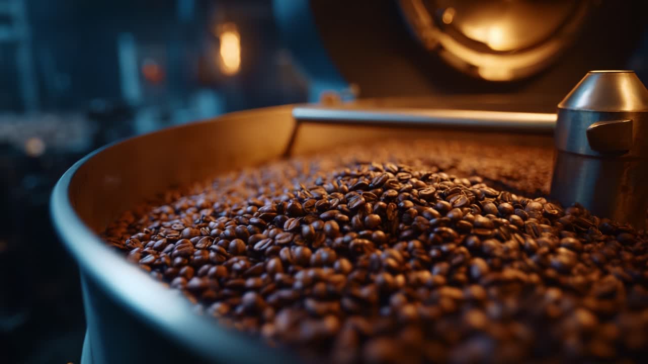 Primo piano di chicchi di caffè tostati in una torrefattrice industriale che mostra un aroma e una consistenza ricchi in un ambiente ben illuminato per gli appassionati di caffè