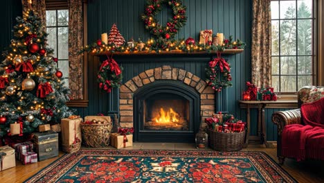 cozy holiday living room with fireplace and christmas decorations