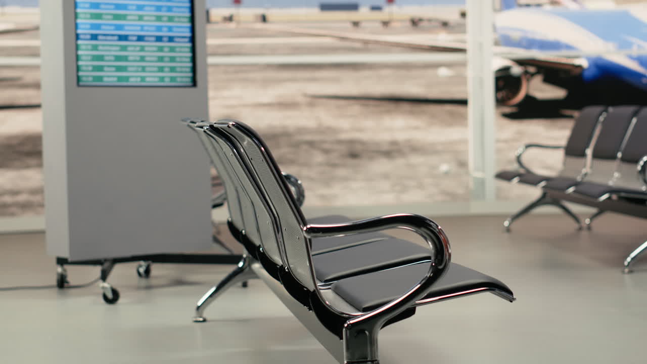 Área de espera vazia do aeroporto com painel de informações de voos e avião