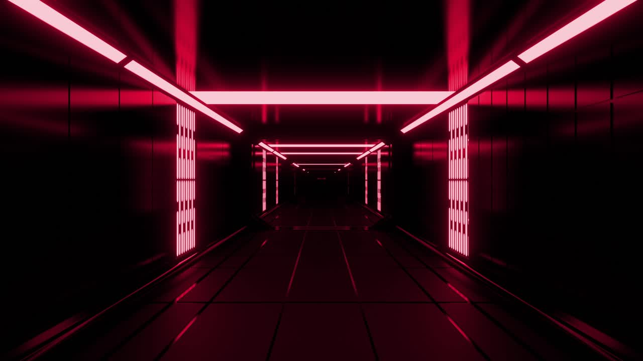 Un corridoio futuristico e buio con luci al neon