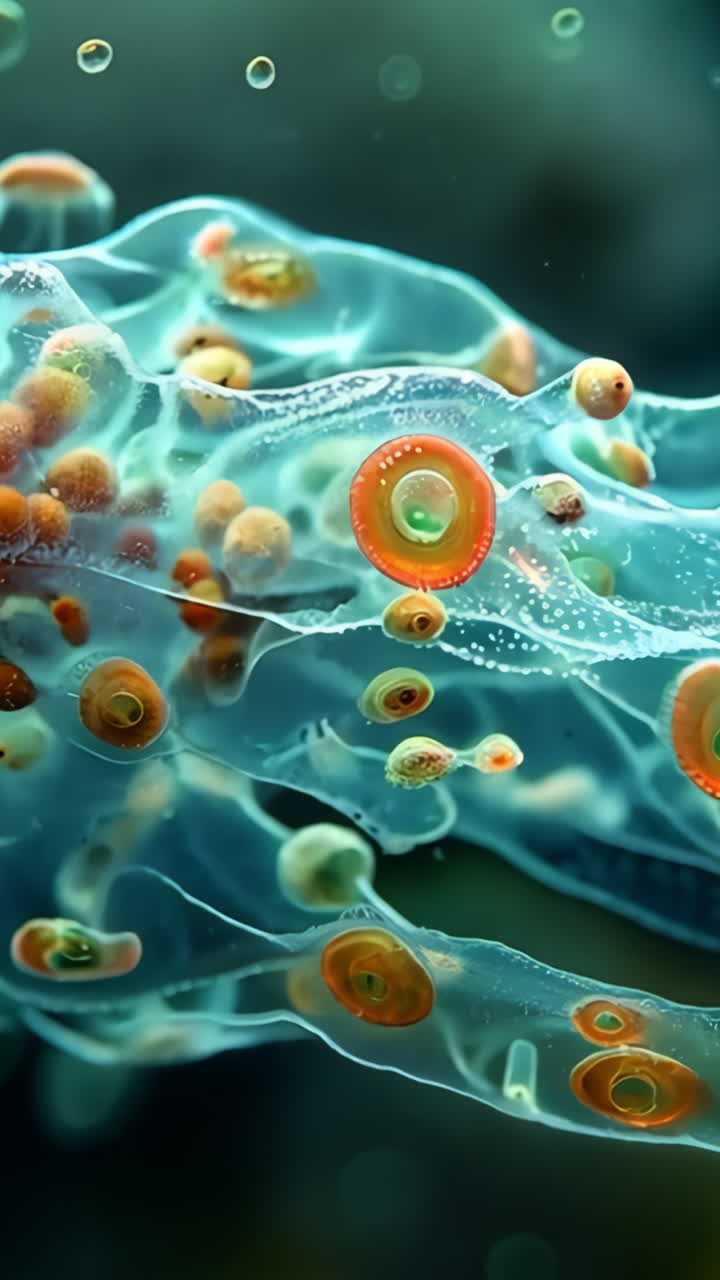 A jellyfish with many small orange dots on it. The jellyfish is in a clear blue ocean