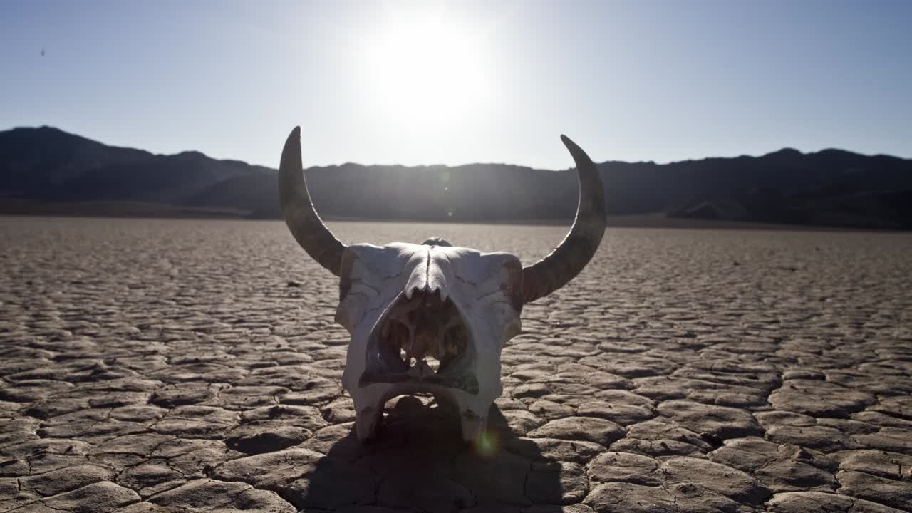 Filmato con panoramica da destra a sinistra di un drammatico paesaggio desertico con terra crepata e arida e un prominente teschio di animale con grandi corna ricurve in primo piano. Il sole basso proietta lunghe ombre.