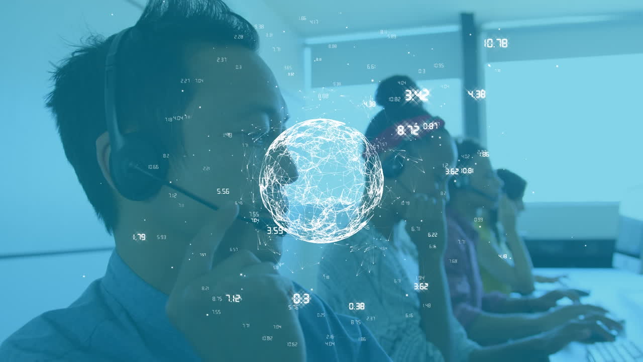 전화 헤드 ⁇ 을 사용하는 다양한 비즈니스 사람들에 대한 연결 네트워크의 지구상의 애니메이션