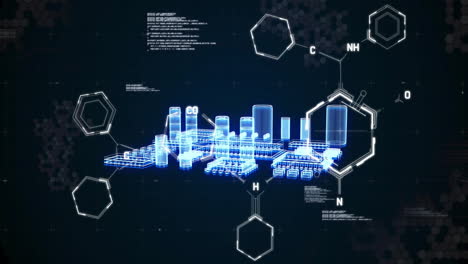 chemical structures and molecular formulas animation over futuristic cityscape