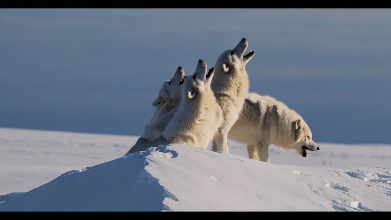 lobos árticos aullando en una colina cubierta de nieve