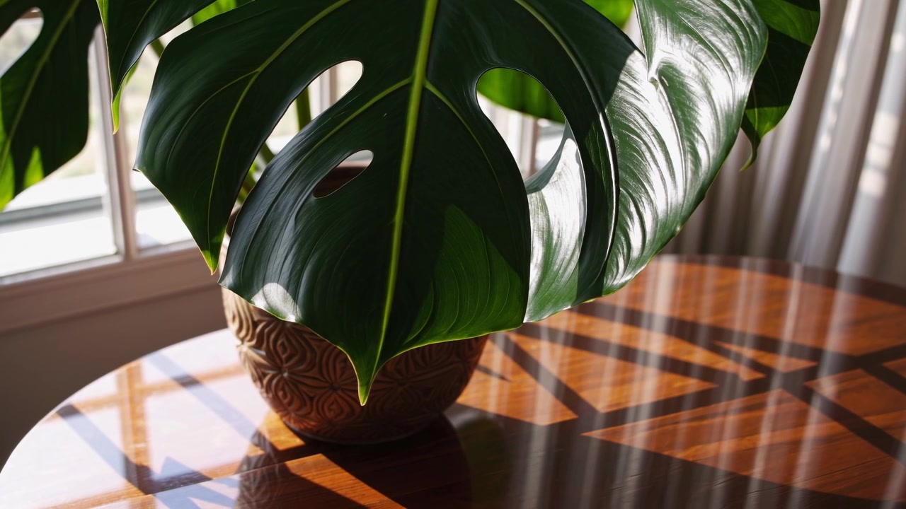 Foglia di Monstera con luce solare e ombre in movimento su un tavolo di legno