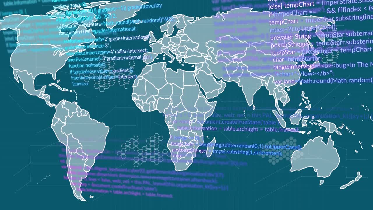Animation of world map and data processing against blue background