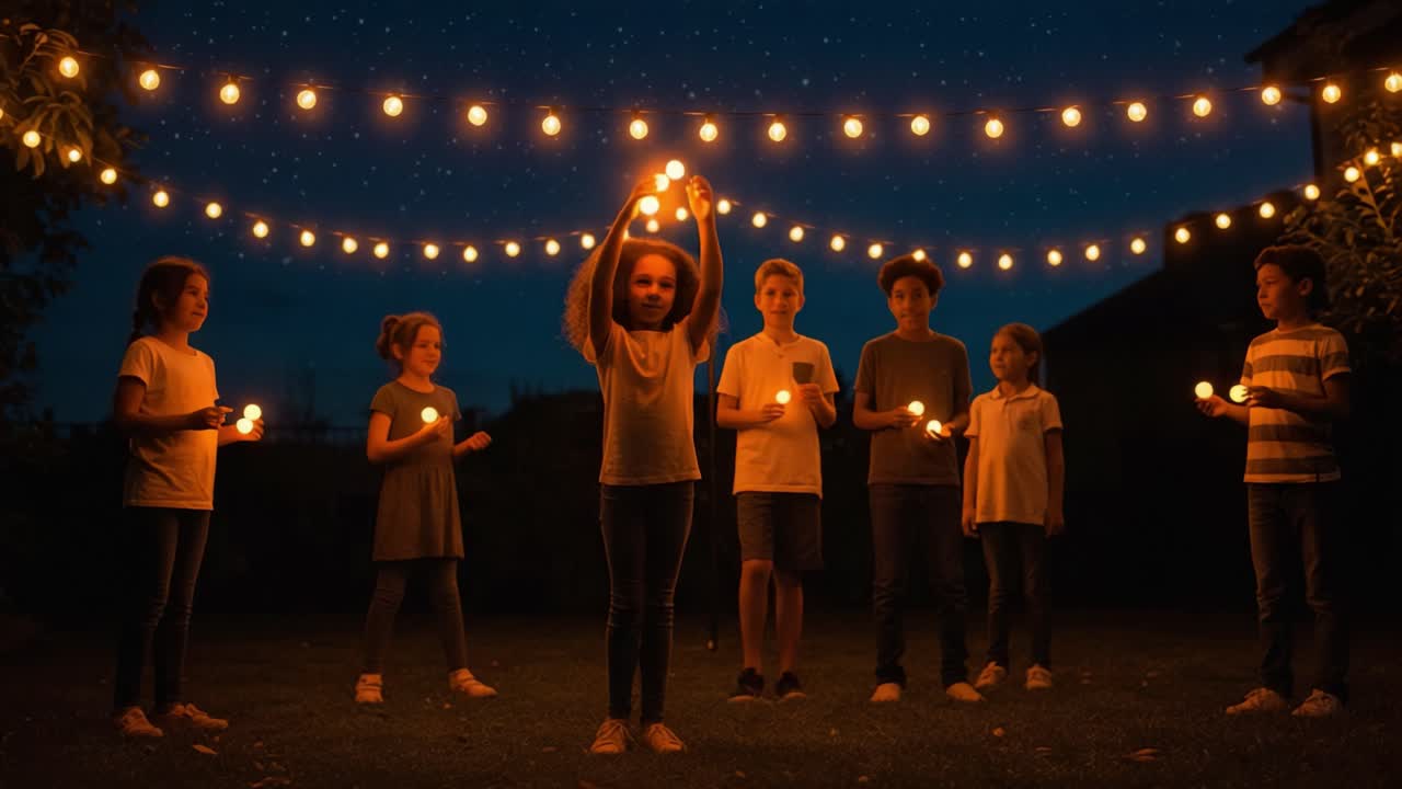 A Magical Evening Gathering: Children Illuminating the Night with Radiant Lights Under a Starry Sky and Festive Glow of String Lights