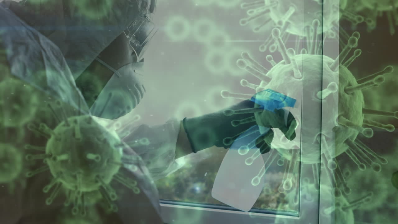 코로나19 세포가 얼굴 마스크를 쓰고 스프링클러를 사용하는 사람을 향해 움직입니다.