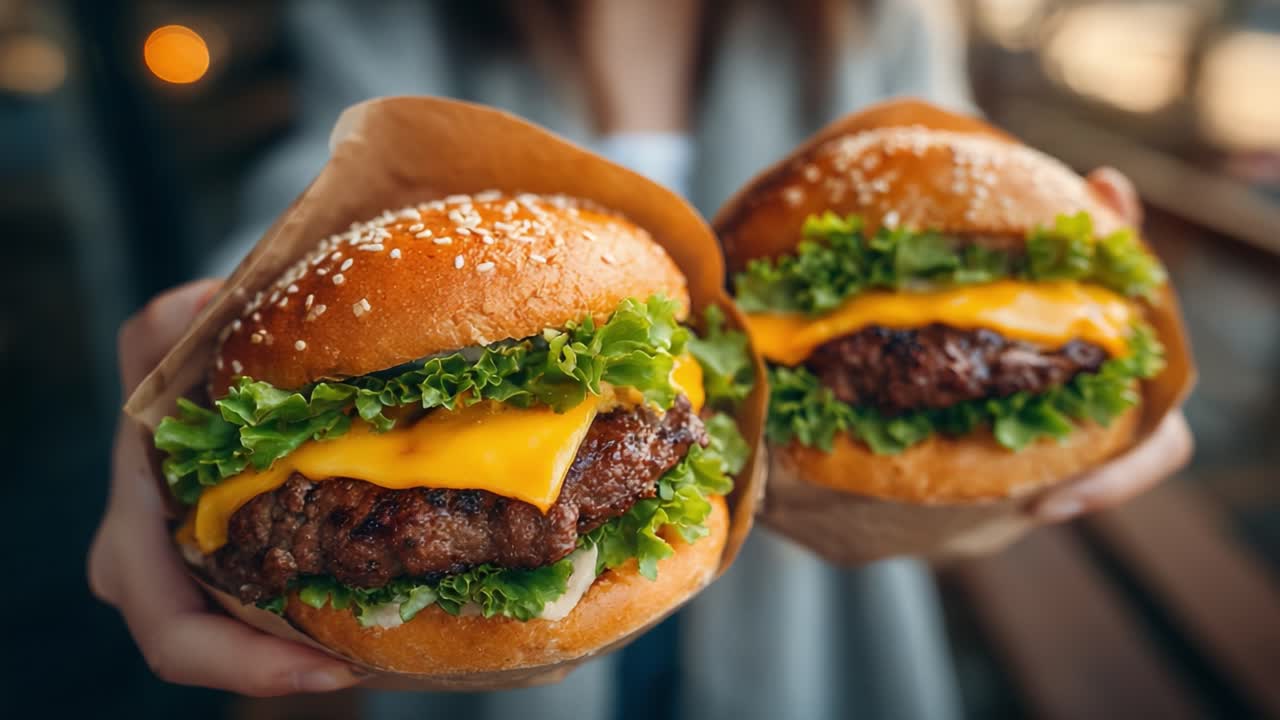 A Delicious Feast: Two Juicy Cheeseburgers Loaded with Fresh Lettuce, Melty Cheese, and Savory Beef Patties, Ready to Satisfy Your Hunger and Cravings