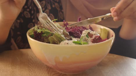 close-up of person eating a fresh salad with fork and knife