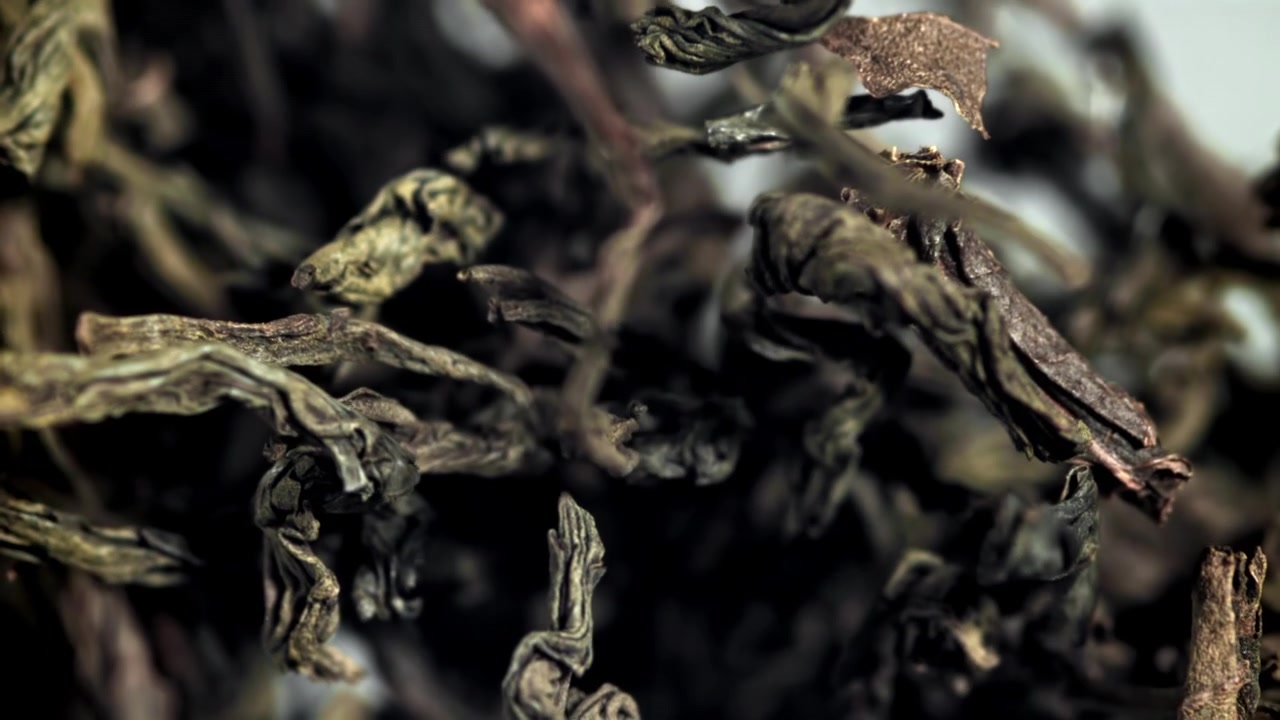 Dried Green Tea Leaves Falling in Slow Motion