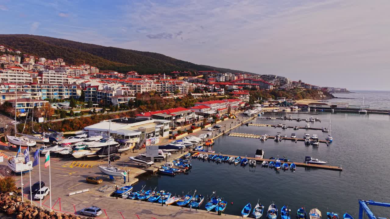 Aerial view of the marina and resort in Bulgaria during daylight