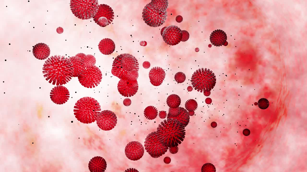 3d model of red coronovirus on mucous membrane. 4k looped smooth animation virus floats in liquid. Scientific microbiological background, 3d render of virus. 12
