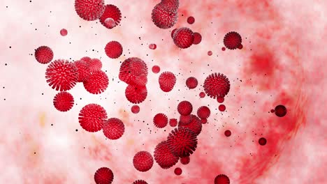 modelo 3d del coronavirus rojo en la membrana mucosa. animación suave en bucle de 4k el virus flota en líquido. fondo microbiológico científico, representación 3d del virus. 12