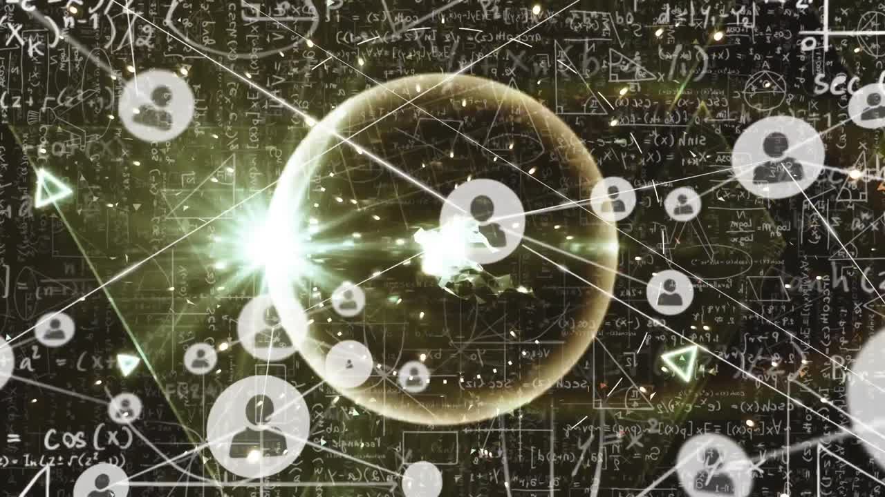 수학 방정식 위에 아이콘으로 연결된 네트워크의 애니메이션