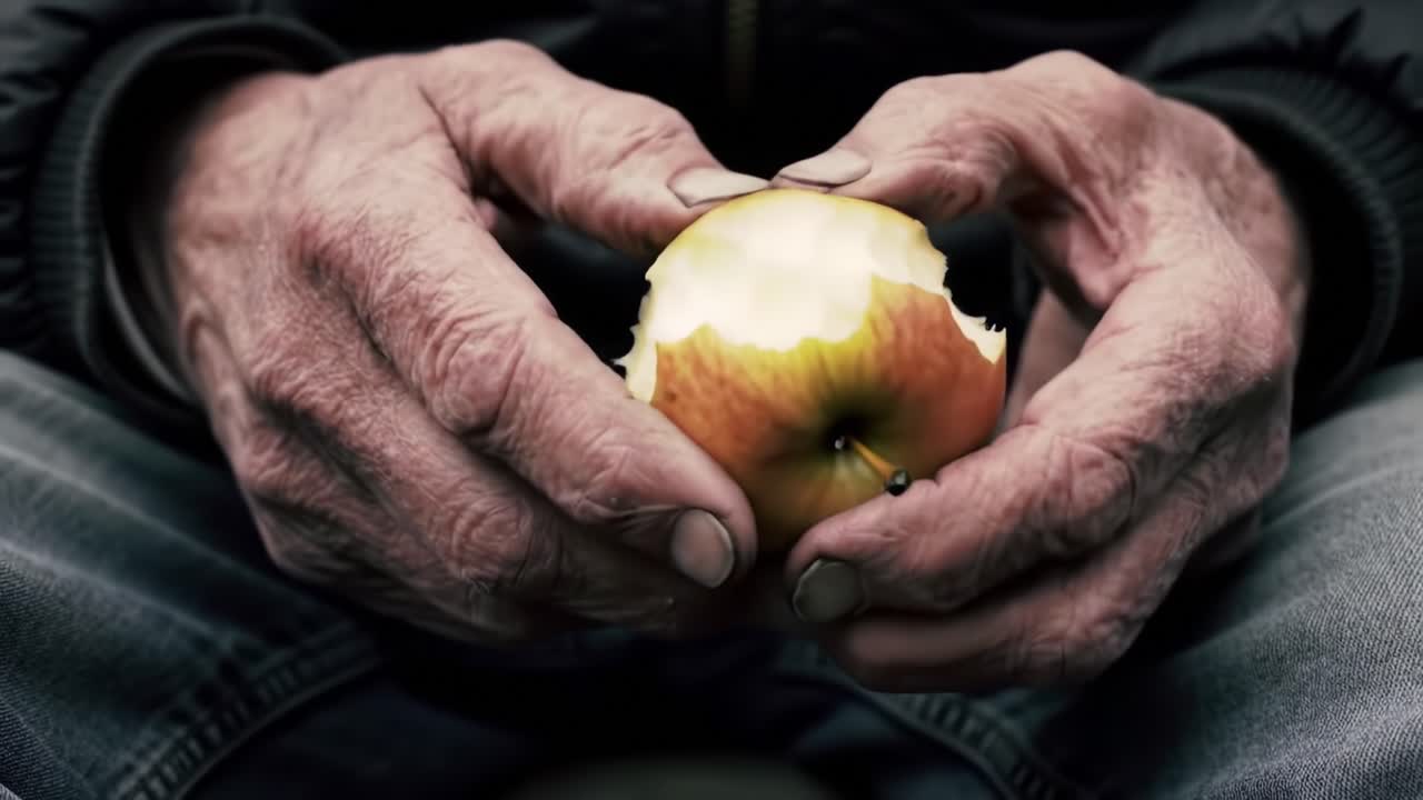A Close-Up of Weathered Hands Holding a Partially Eaten Apple, Symbolizing Life's Impermanence and the Simple Joys of Existence