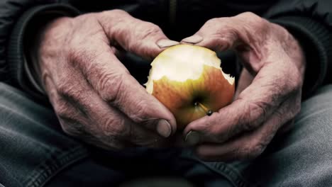 a close-up of weathered hands holding a partially eaten apple, symbolizing life's impermanence and the simple joys of existence