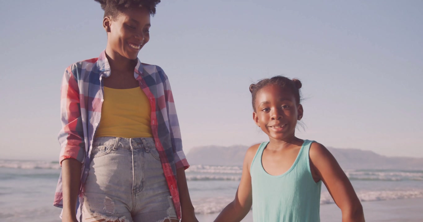 Scene start mother-daughter walking along beach while animated sun and wave icons promoting travel