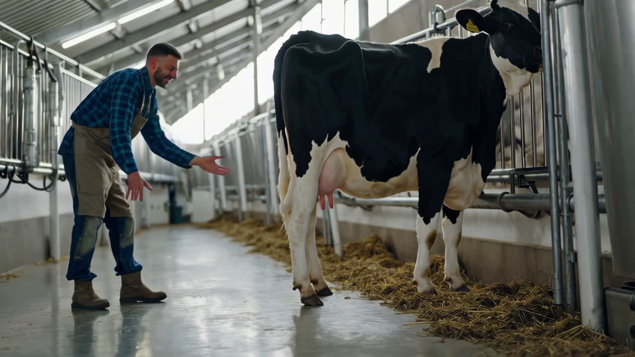 Contadino che controlla una mucca da latte in una fattoria moderna