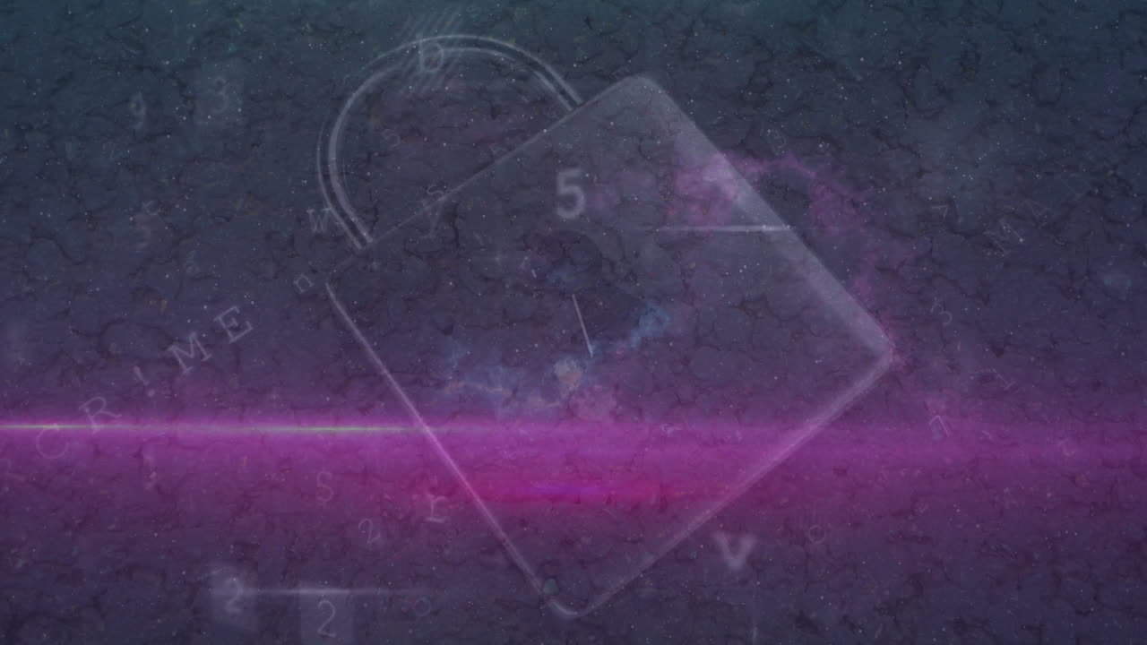 In animation, lock and numbers with pink light beam over cosmic background