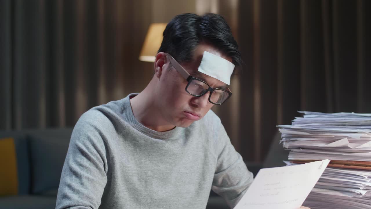 아픈 아시아 남자의 근접 촬영은 집에서 문서와 함께 열심히 일하는 동안 시도