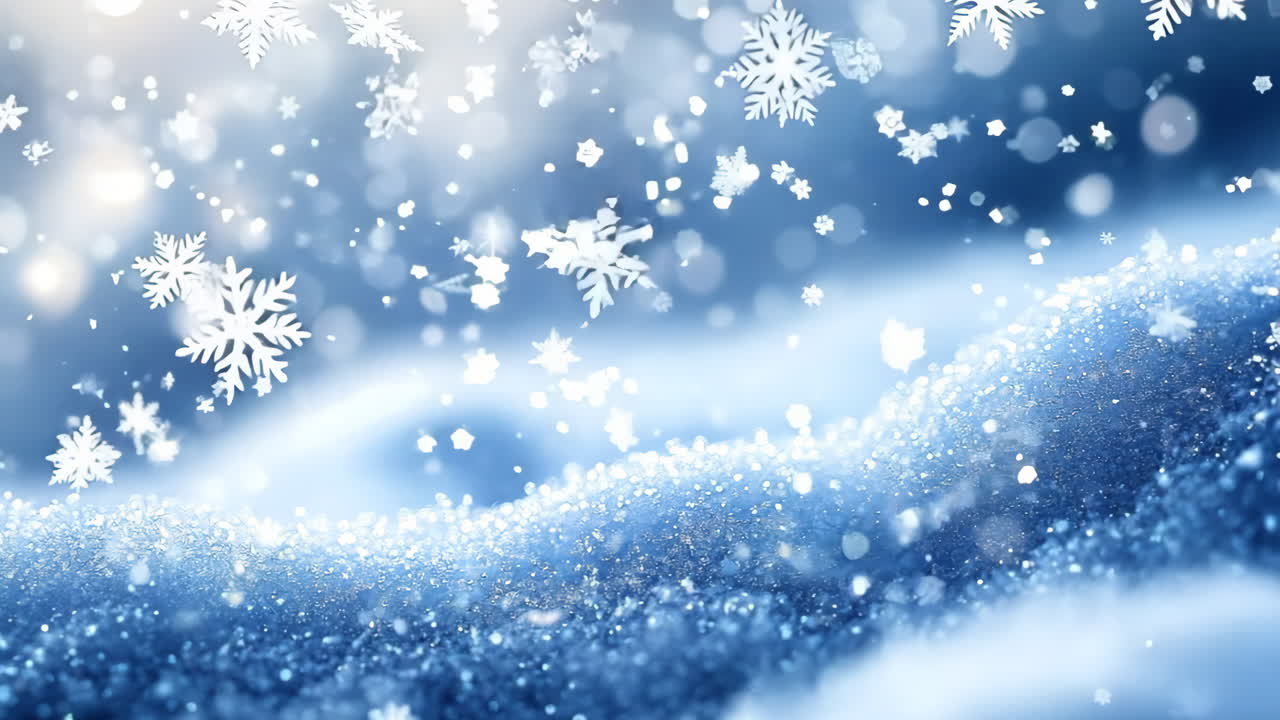 A snow covered landscape with a blue sky in the background. The snow is falling and the sky is bright and clear