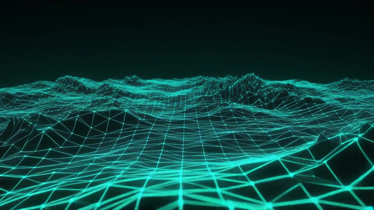 Abstract Digital Wireframe Landscape with Moving Green Waves