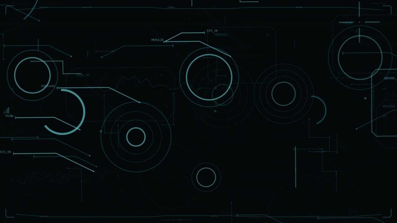 Scan sweep starting, HUD rings pulsing arcs tracing nodes moving showing data on transparent layer