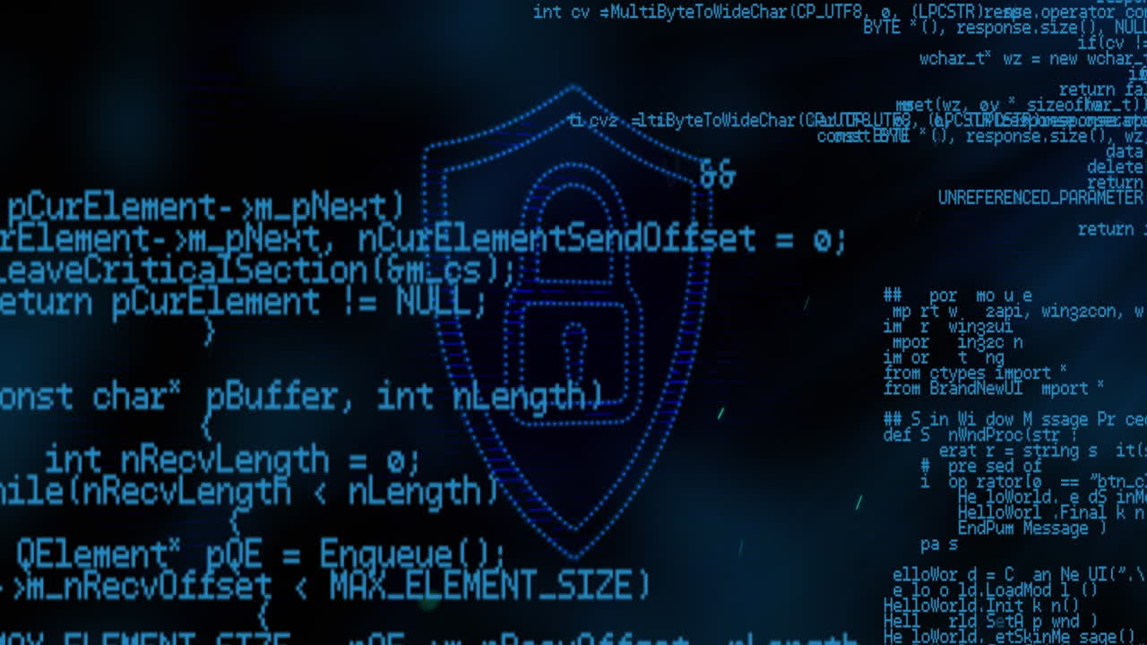 Animation of data processing in black space with digital padlock