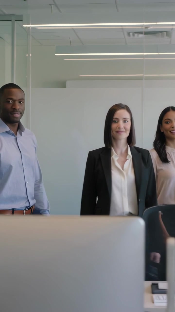 Vídeo vertical: Porta de vidro abrindo, equipe de terno entrando no escritório, aproximando-se da mesa e posando para a câmera.
