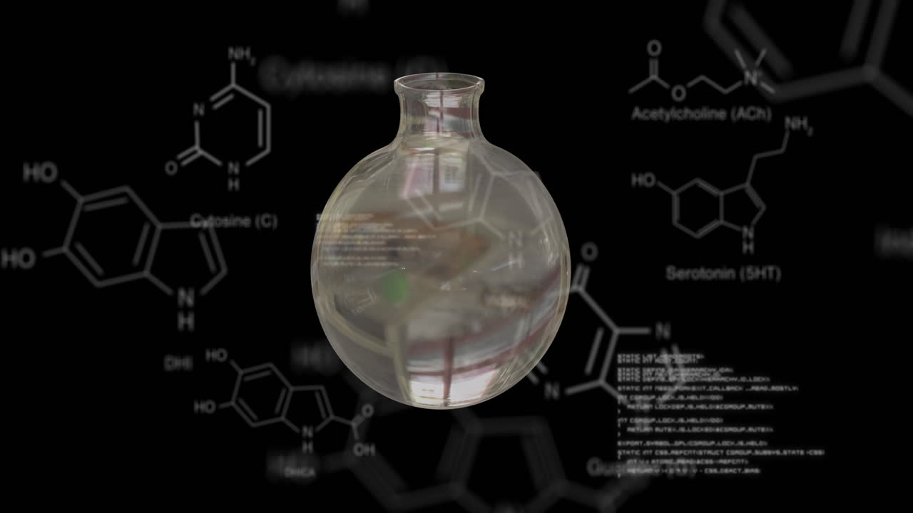 검은색 배경에서 회전하는 테스트 콜브, dna 스트랜드 다이어그램 및 데이터 처리의 애니메이션