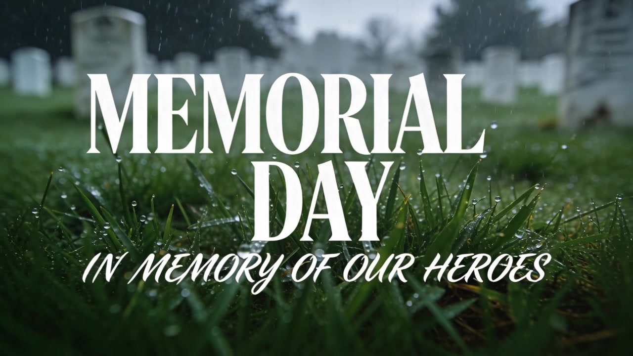 Carrello della telecamera che rivela il sottotitolo centrato "MEMORIAL DAY" al cimitero, sopra rugiada e tombe, in onore