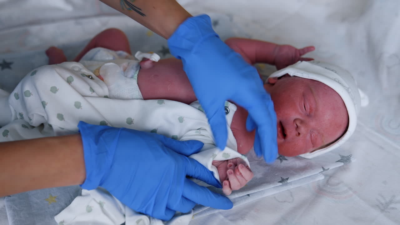 Adorable Caucasian newborn yawning while nurse dresses him. Care of a baby after birth in hospital. Close up.