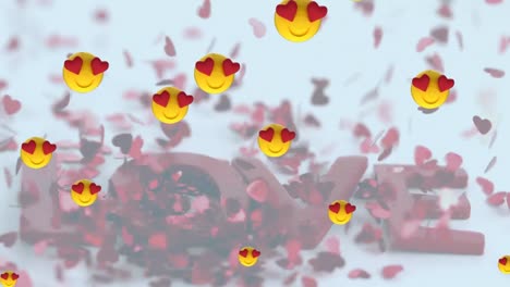 Emojis-Mit-Mehreren-Herzaugen-Und-Gesichtern-Schweben-Vor-Mehreren-Herzen,-Die-über-Einen-Liebestext-Fallen