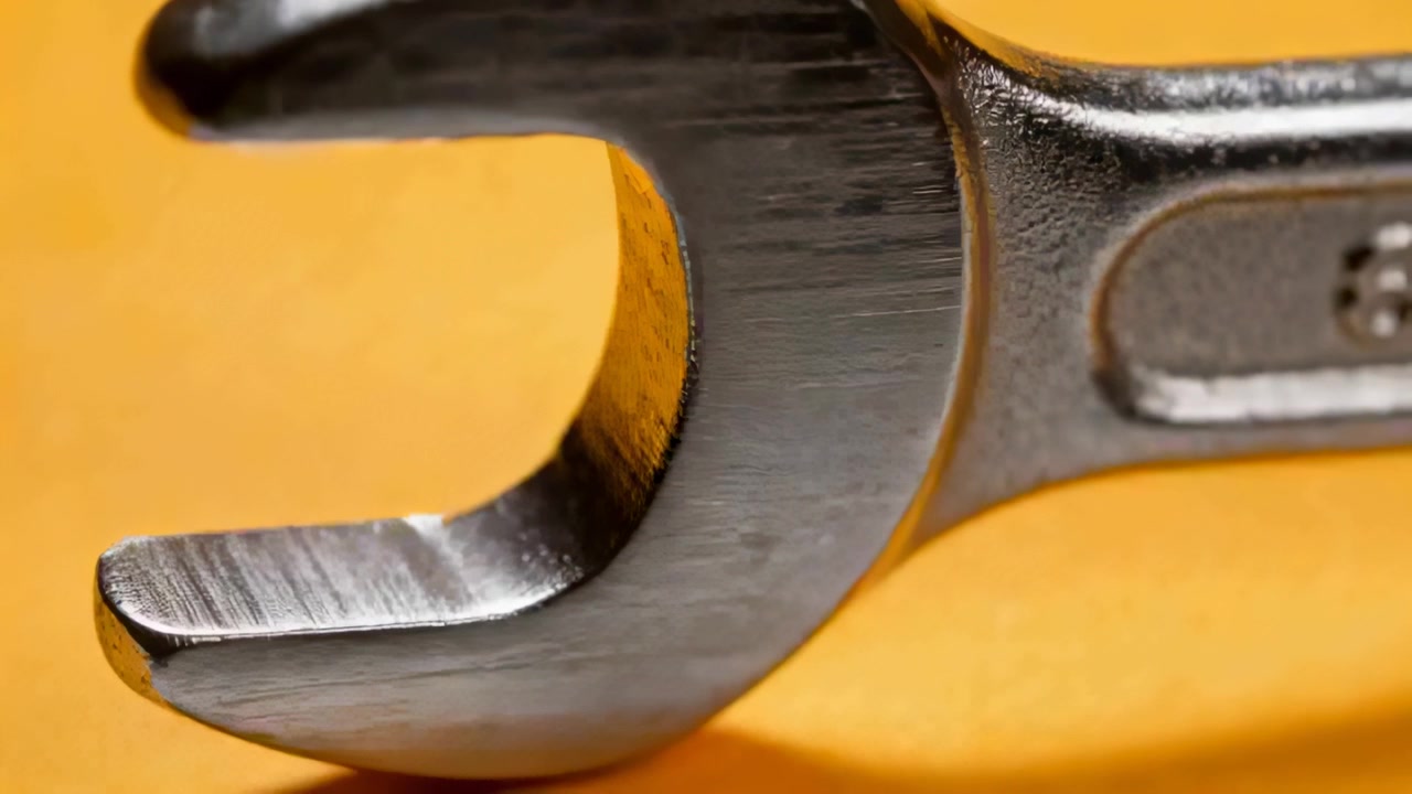 Shifting camera revealing open-end wrench on warm yellow surface to show glare, grain and stamped 8