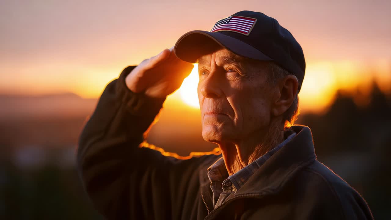 A Veteran Saluting at Sunset: A Powerful Tribute to Service and Sacrifice, This Heartfelt Moment Captures the Reflection and Gratitude of a Hero Against a Stunning Golden Horizon