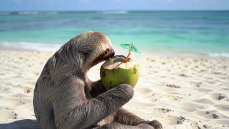 a relaxed sloth enjoying a refreshing coconut drink on a sunny beach with tropical waters and white sand, perfect for a laid-back day in paradise