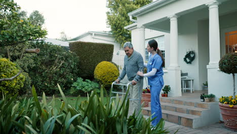 walker, old man support and caregiver walking