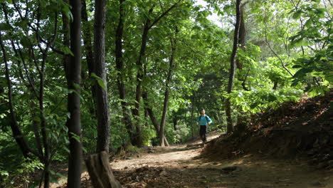 A-hiker-following-a-dirt-path-surrounded-by-a-hilly-lush-green-foliage-on-a-sunny-day-hiking-in-Gwanaksan-mountain-forest-trail-in-Seoul,-South-Korea---front-view