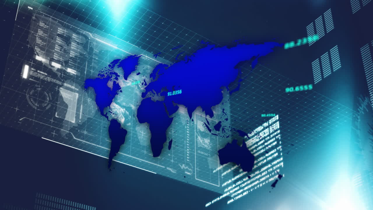 세계 지도와 파란색 배경에 반이는 빛의 지점 위에 데이터 처리를 가진 인터페이스의 애니메이션