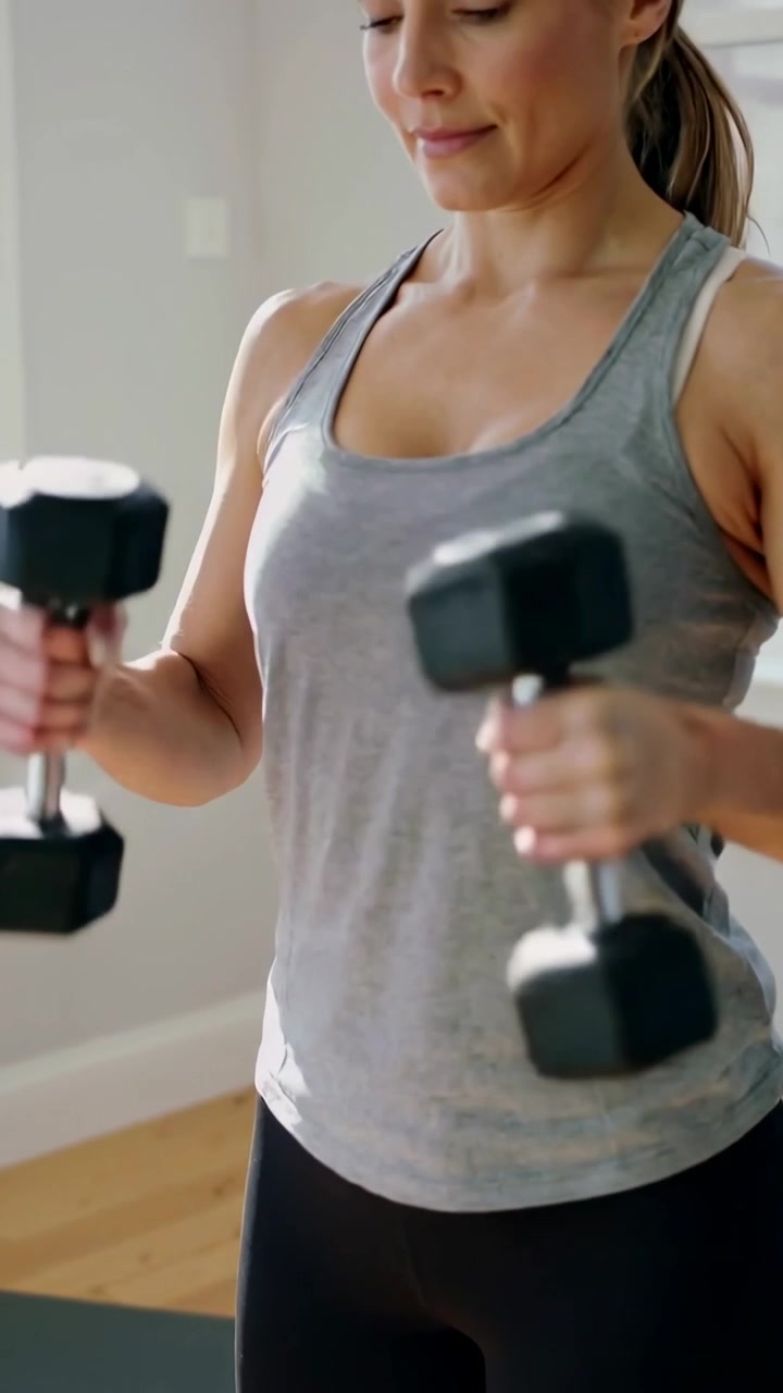 Vertical video: Starting workout, woman curling hex dumbbells at home for strength, in workout wear