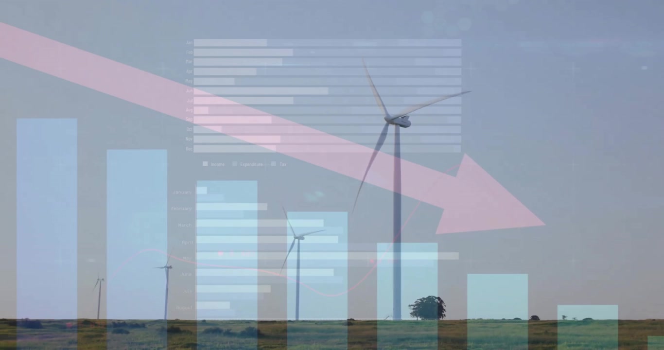 Animation of red arrow and financial data processing over wind turbines field in countryside