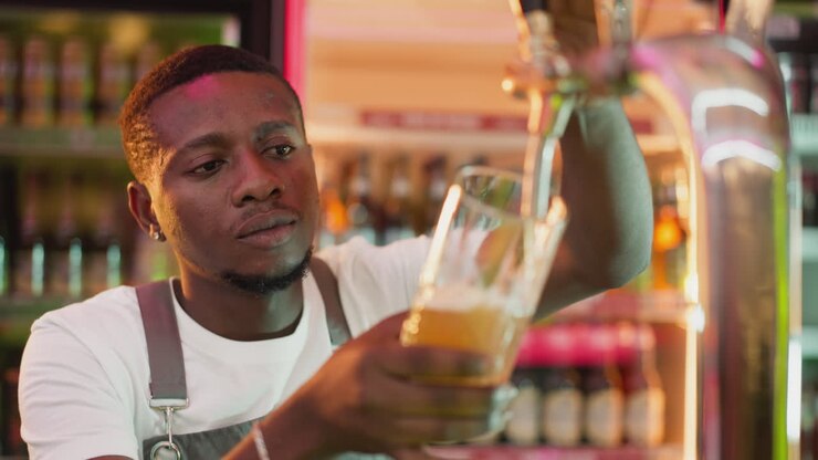 Barman pours ale into glass in bar closeup. Attentive African American bartender fills mug with craft beer from pump in club. Brewer serves beverage